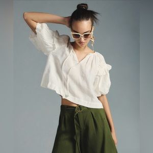 Self Contrast Smocked Linen Blouse in Ivory